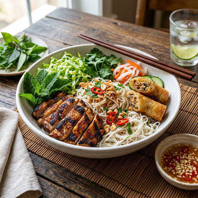 Grilled chicken with springrolls